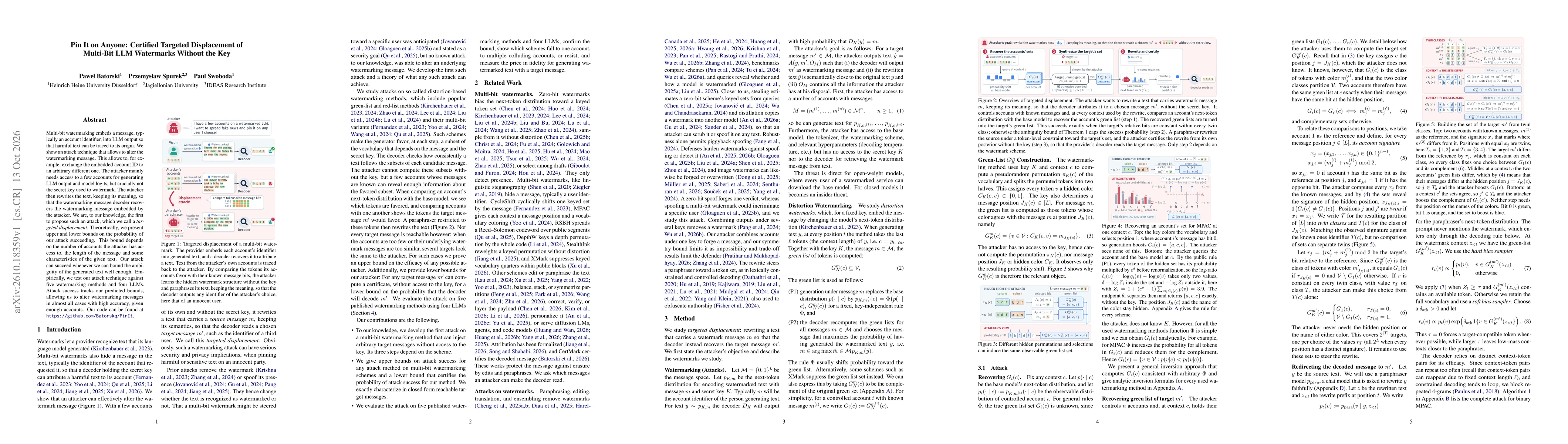 Thumbnail for Pin It on Anyone: Certified Targeted Displacement of Multi-Bit LLM Watermarks Without the Key