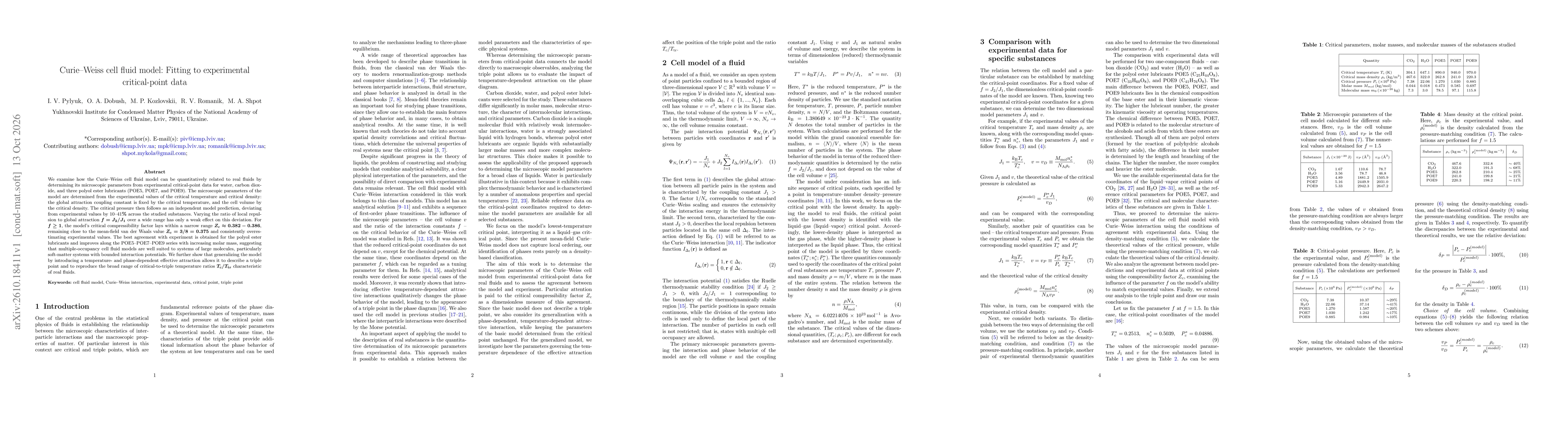 Thumbnail for Curie-Weiss cell fluid model: Fitting to experimental critical-point data