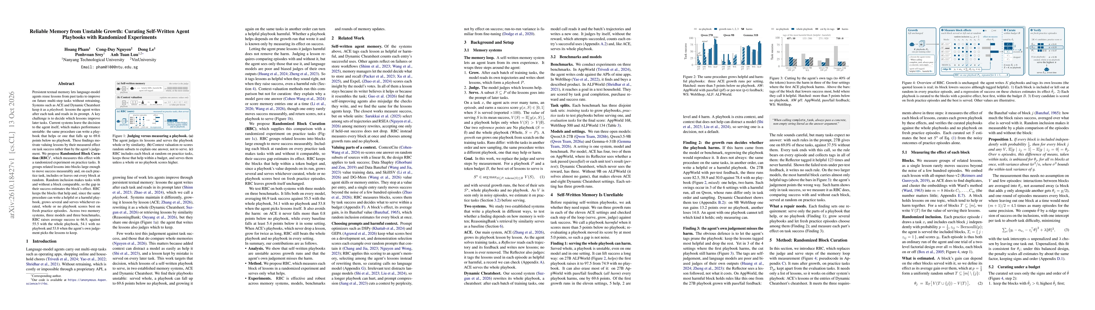 Thumbnail for Reliable Memory from Unstable Growth: Curating Self-Written Agent Playbooks with Randomized Experiments