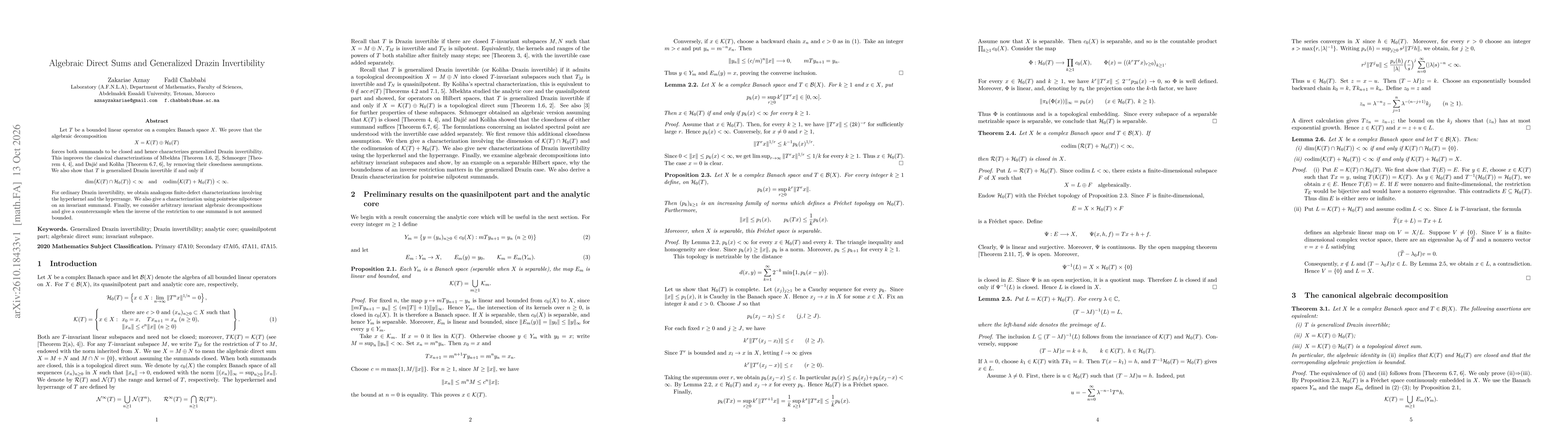 Thumbnail for Algebraic Direct Sums and Generalized Drazin Invertibility