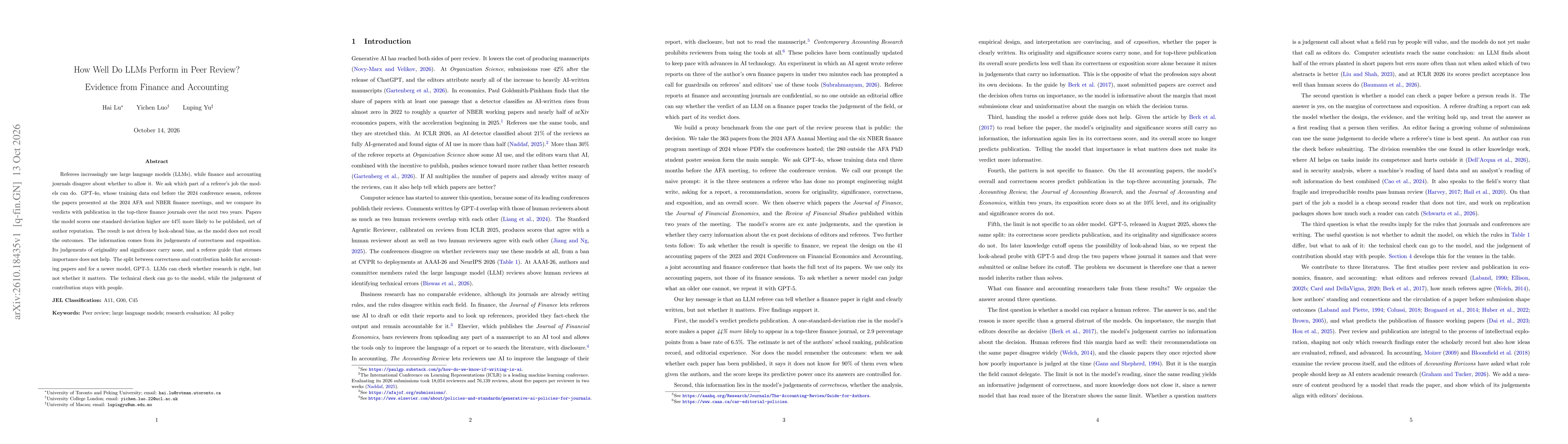 Thumbnail for How Well Do LLMs Perform in Peer Review? Evidence from Finance and Accounting