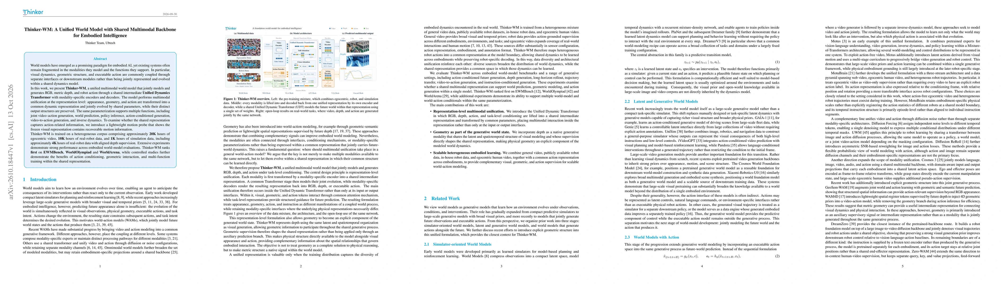 Thumbnail for Thinker-WM: A Unified World Model with Shared Multimodal Representations for Embodied Intelligence