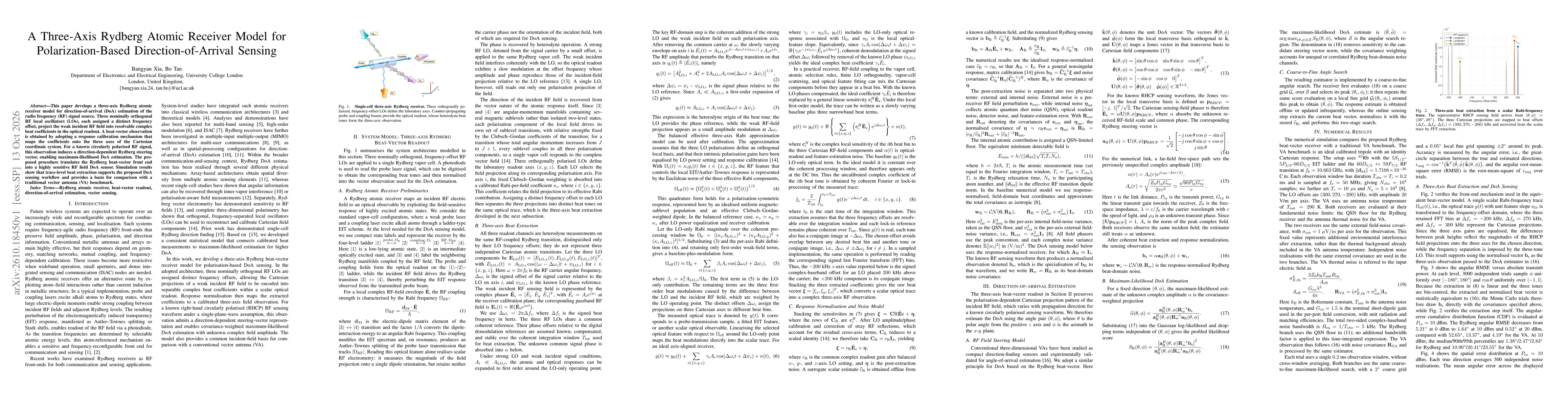 Thumbnail for A Three-Axis Rydberg Atomic Receiver Model for Polarization-Based Direction-of-Arrival Sensing