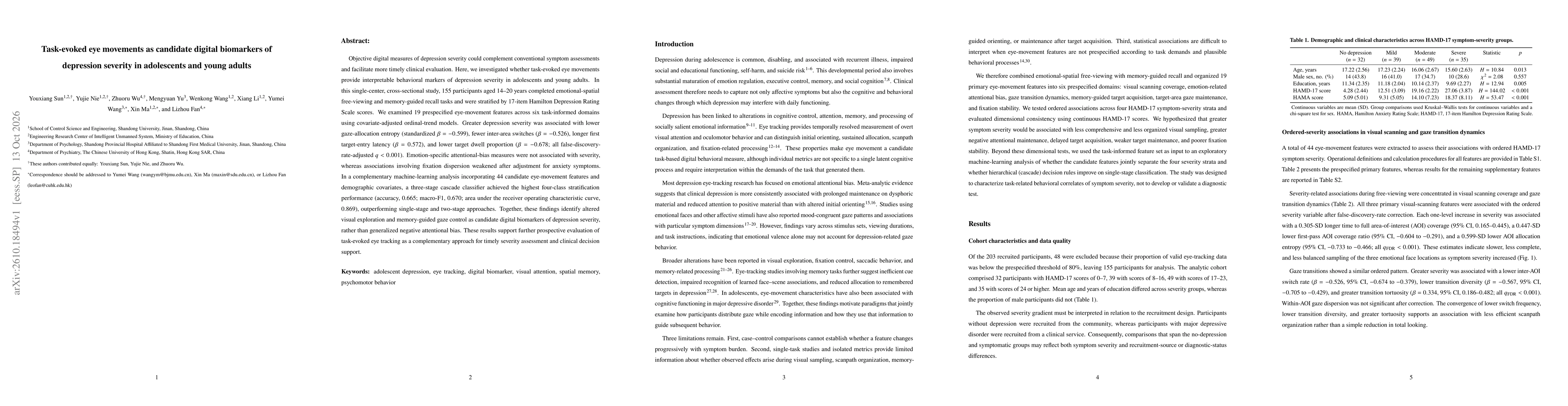 Thumbnail for Task-evoked eye movements as candidate digital biomarkers of depression severity in adolescents and young adults