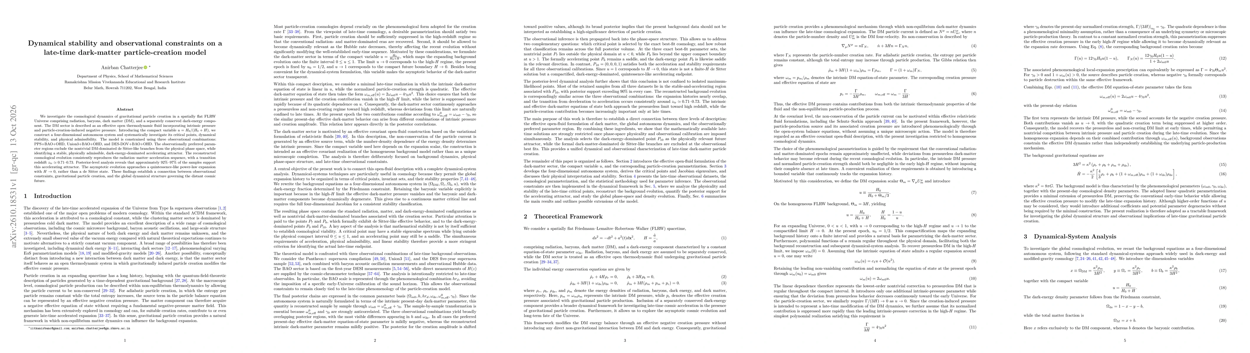 Thumbnail for Dynamical stability and observational constraints on a late-time dark-matter particle-creation model