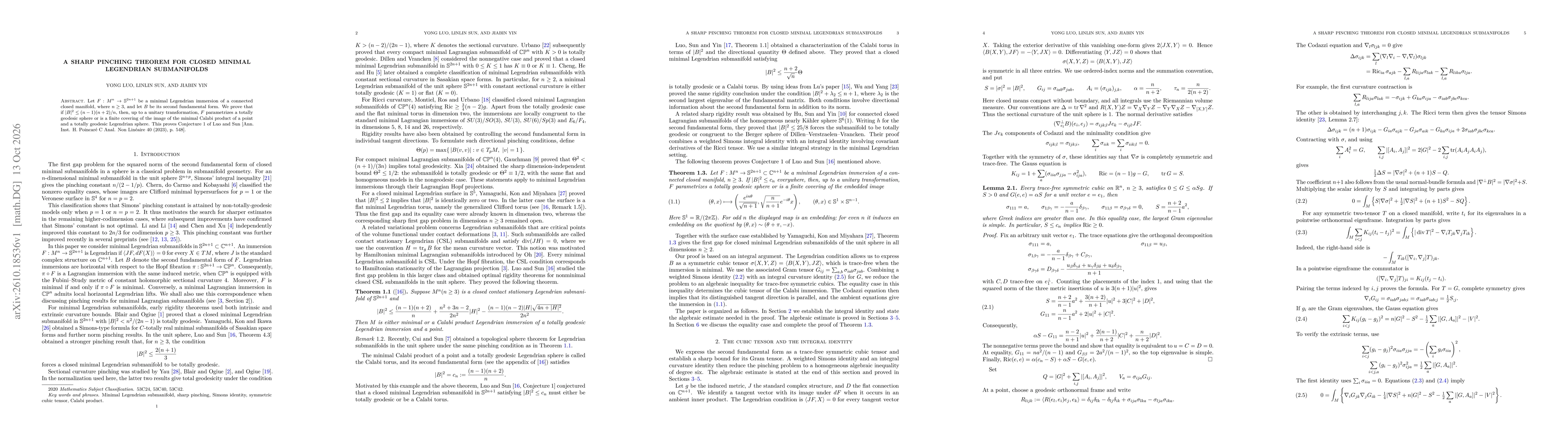 Thumbnail for A sharp pinching theorem for closed minimal Legendrian submanifolds