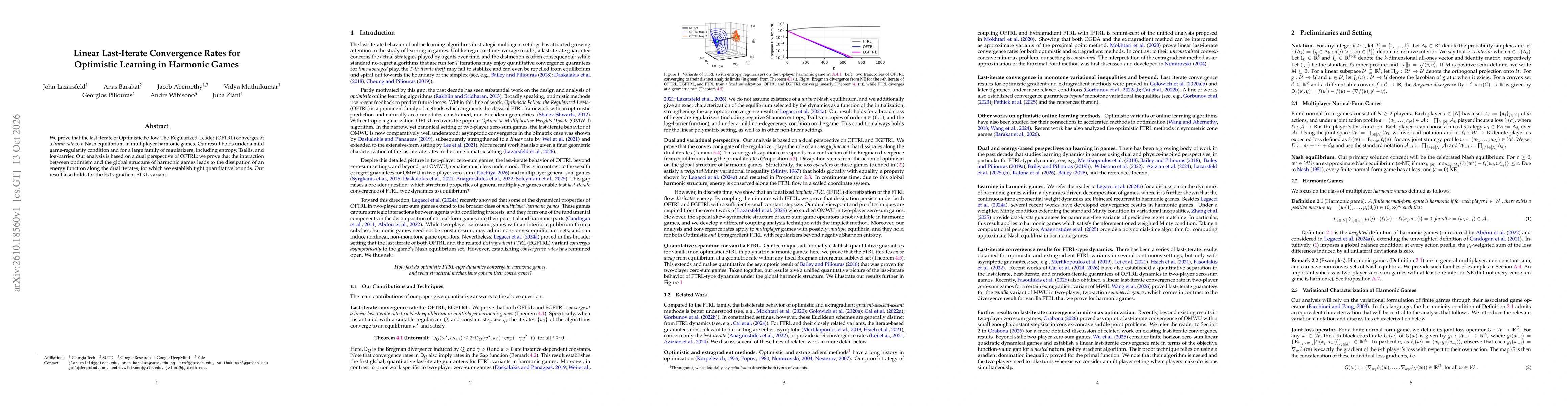 Thumbnail for Linear Last-Iterate Convergence Rates for Optimistic Learning in Harmonic Games
