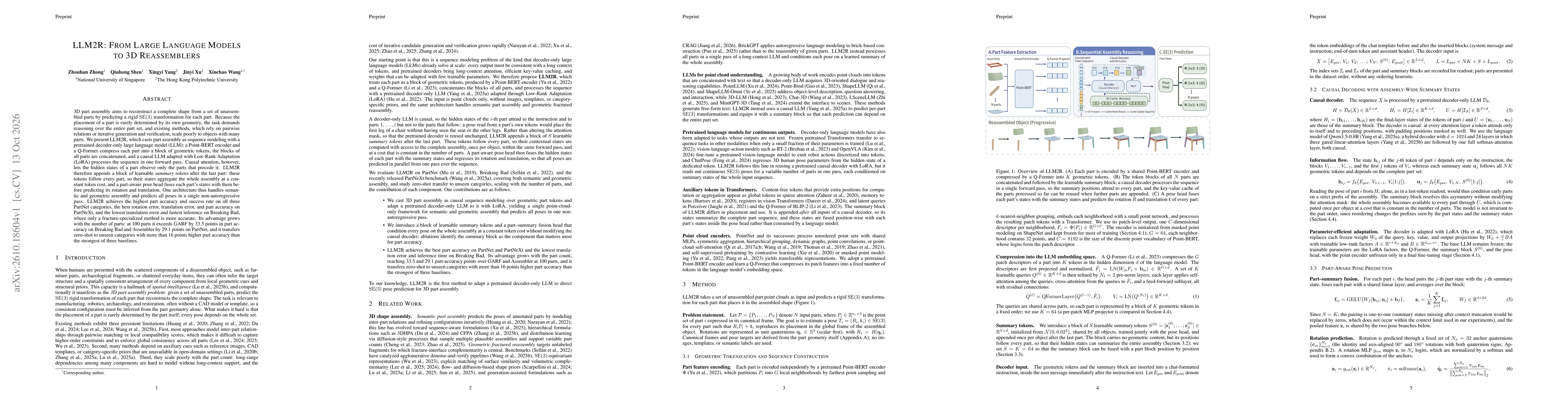 Thumbnail for LLM2R: From Large Language Models to 3D Reassemblers