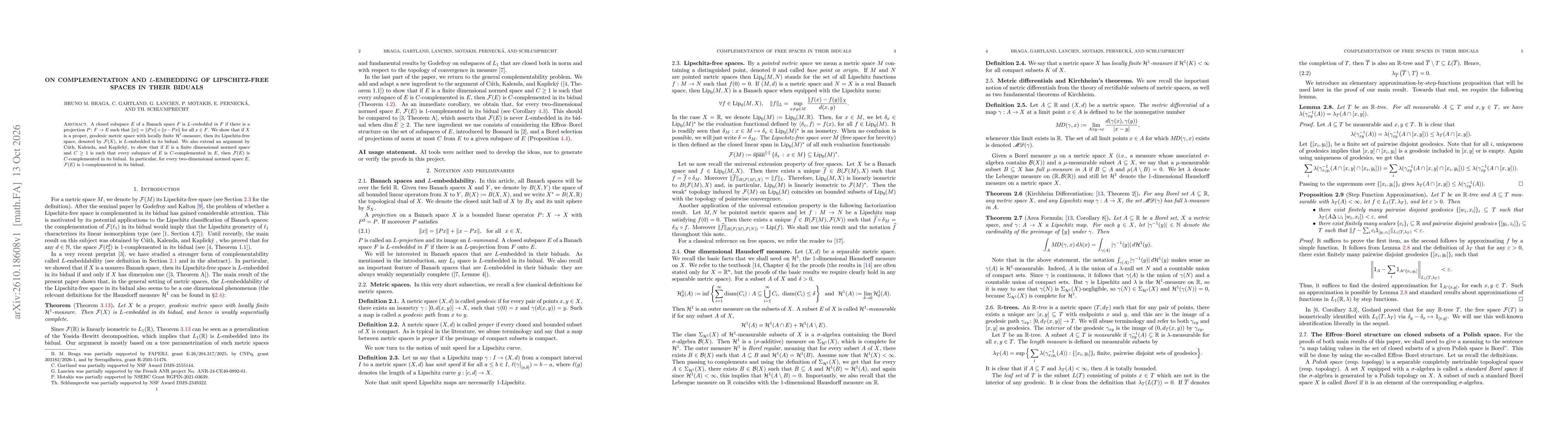 Thumbnail for On complementation and $L$-embedding of Lipschitz-free spaces in their biduals