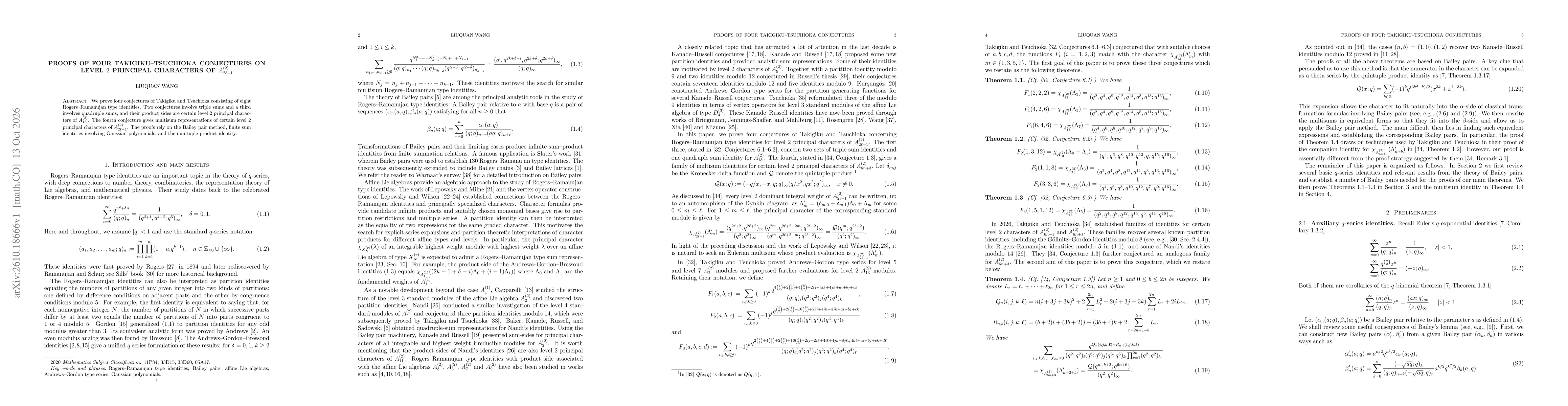 Thumbnail for Proofs of four Takigiku--Tsuchioka conjectures on level $2$ principal characters of $A_{2\ell-1}^{(2)}$