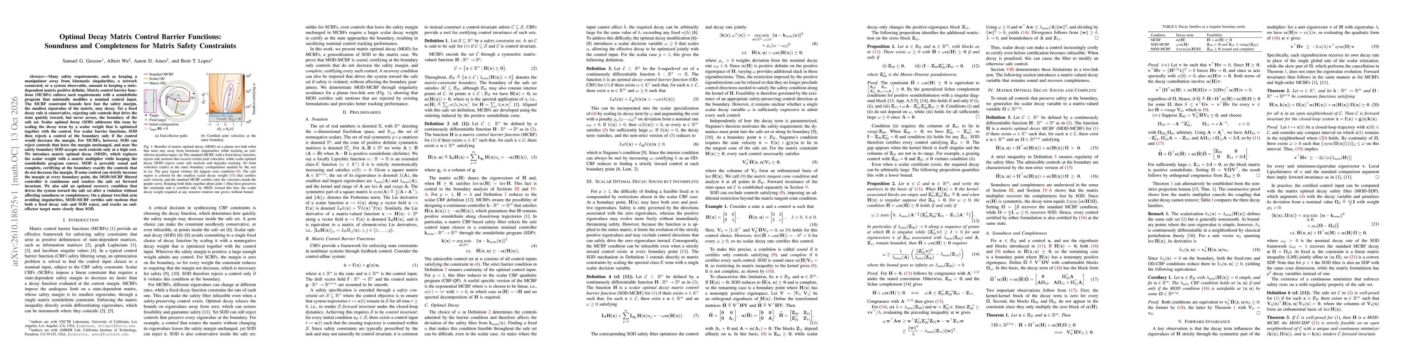 Thumbnail for Optimal Decay Matrix Control Barrier Functions: Soundness and Completeness for Matrix Safety Constraints