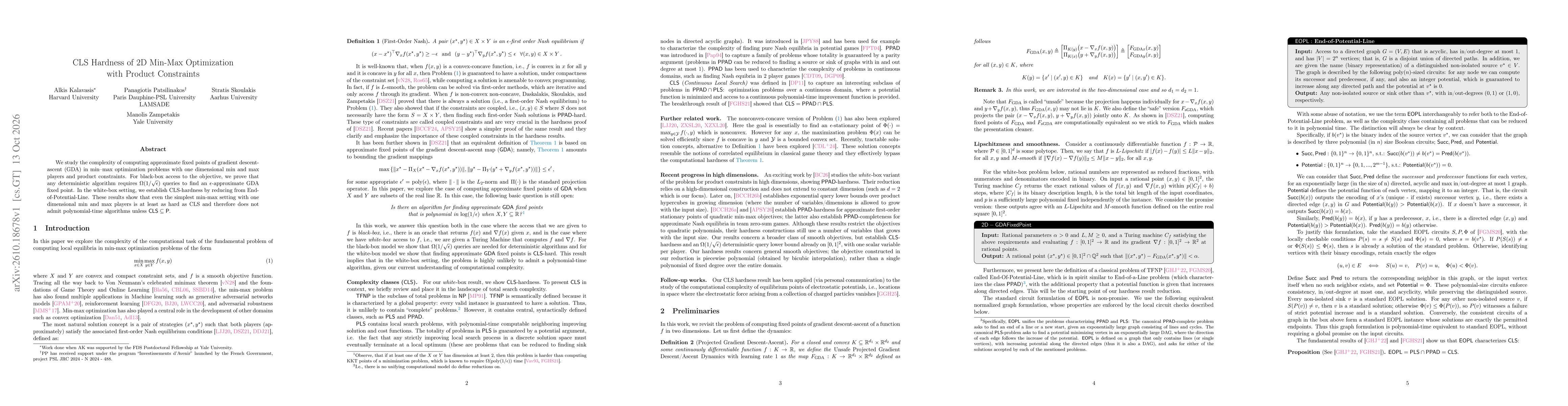 Thumbnail for CLS Hardness of 2D Min-Max Optimization with Product Constraints