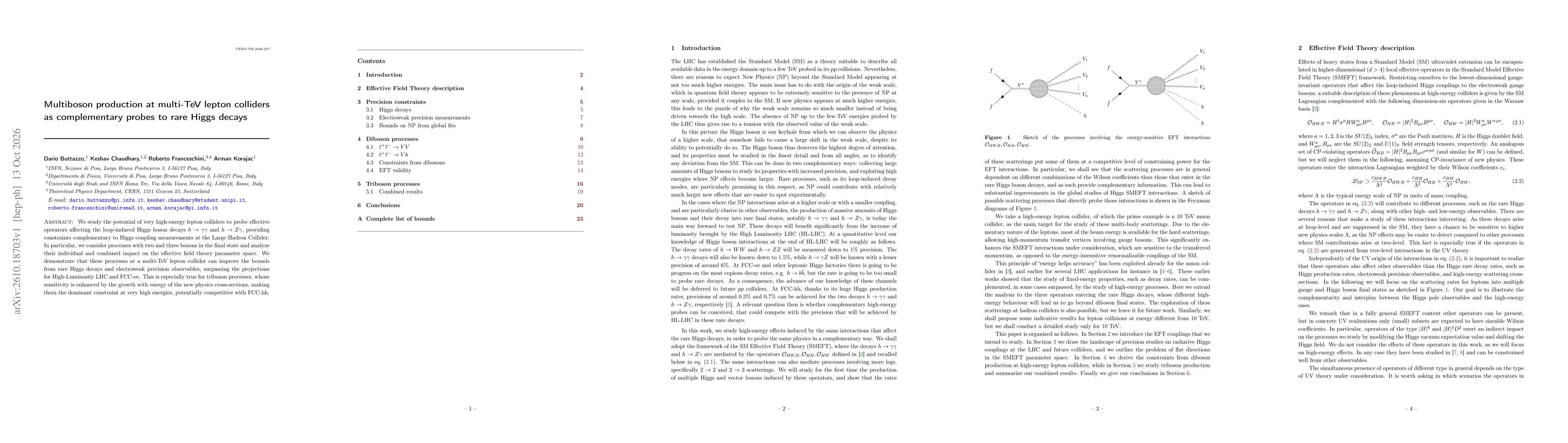 Thumbnail for Multiboson production at multi-TeV lepton colliders as complementary probes to rare Higgs decays