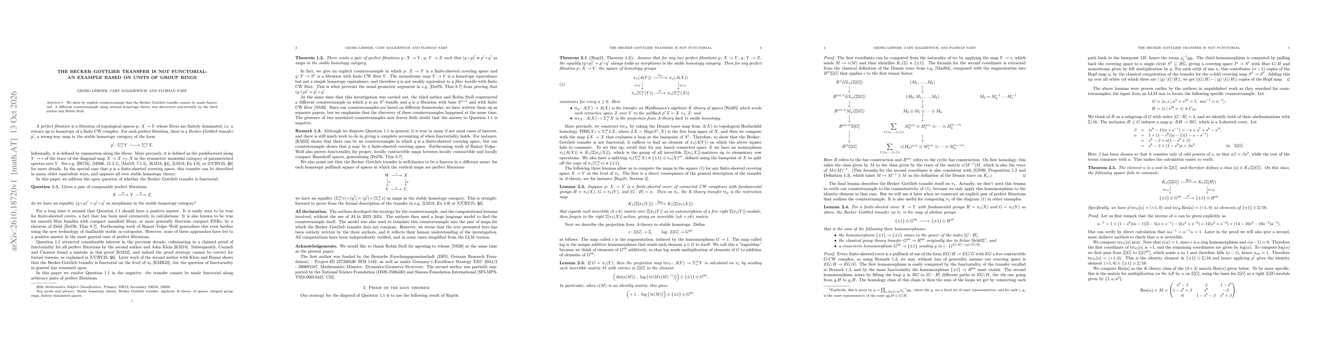 Thumbnail for The Becker--Gottlieb transfer is not functorial: An example based on units of group rings