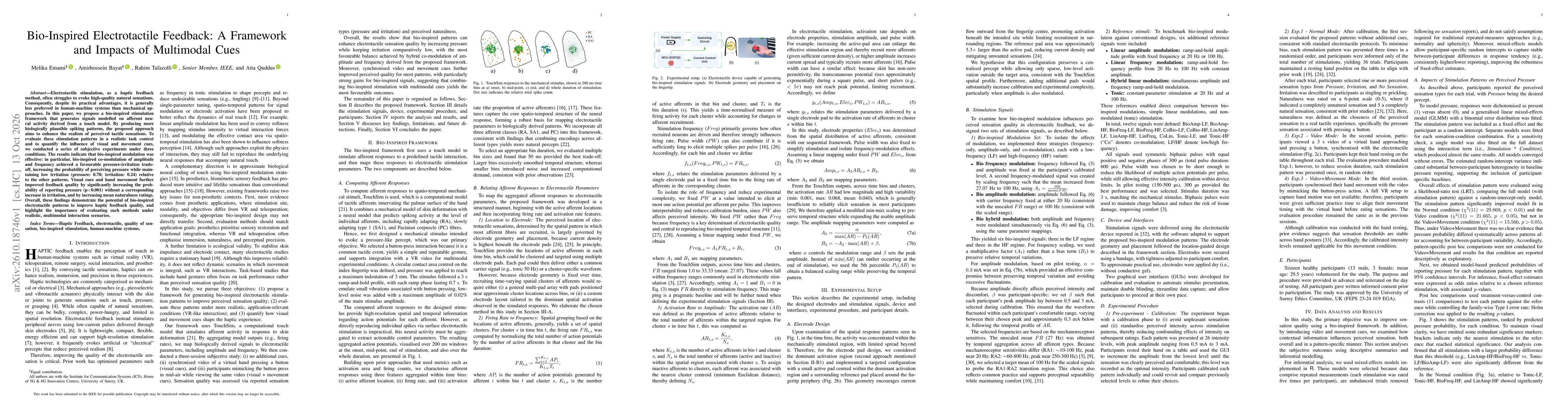 Thumbnail for Bio-Inspired Electrotactile Feedback: A Framework and Impacts of Multimodal Cues