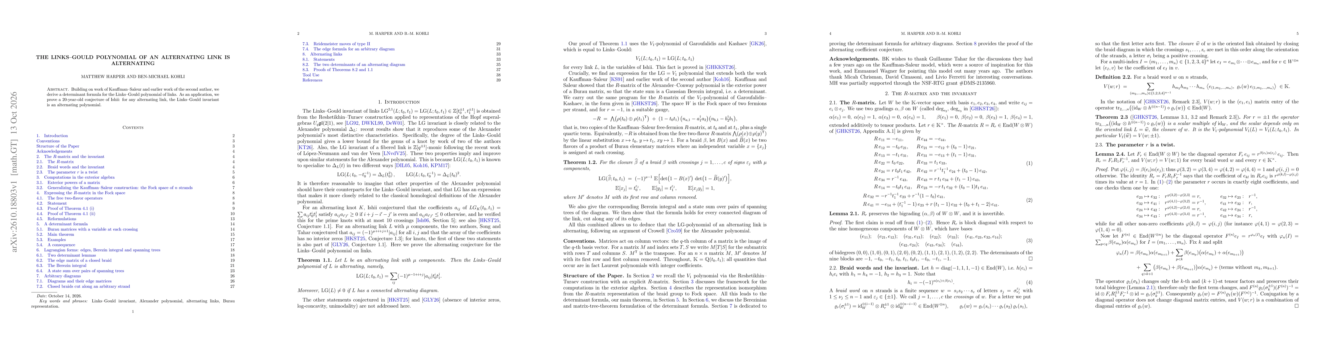 Thumbnail for The Links--Gould polynomial of an alternating link is alternating