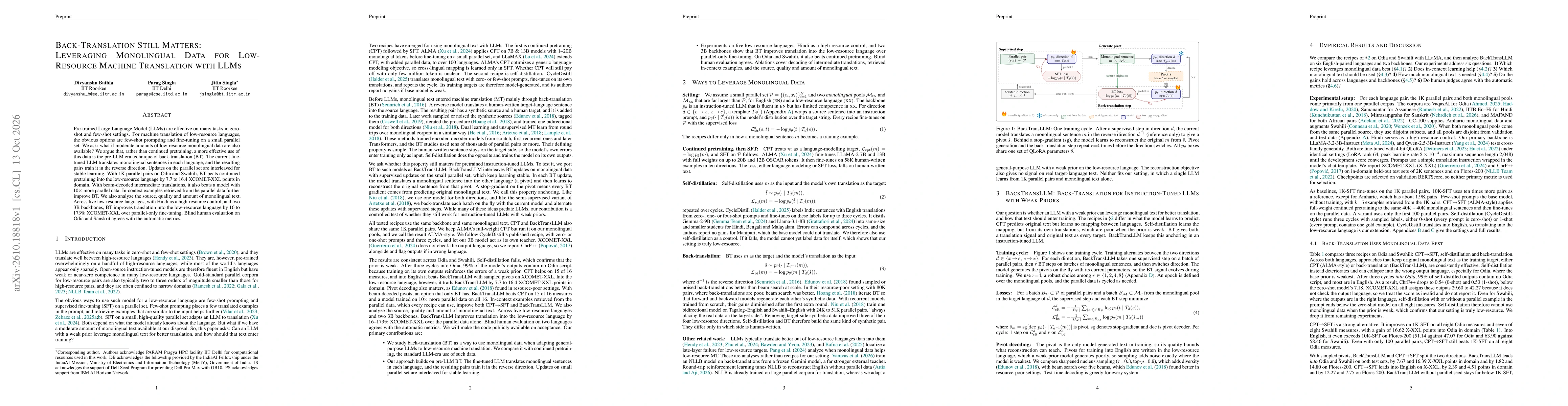 Thumbnail for Back-Translation Still Matters: Leveraging Monolingual Data for Low-Resource Machine Translation with LLMs