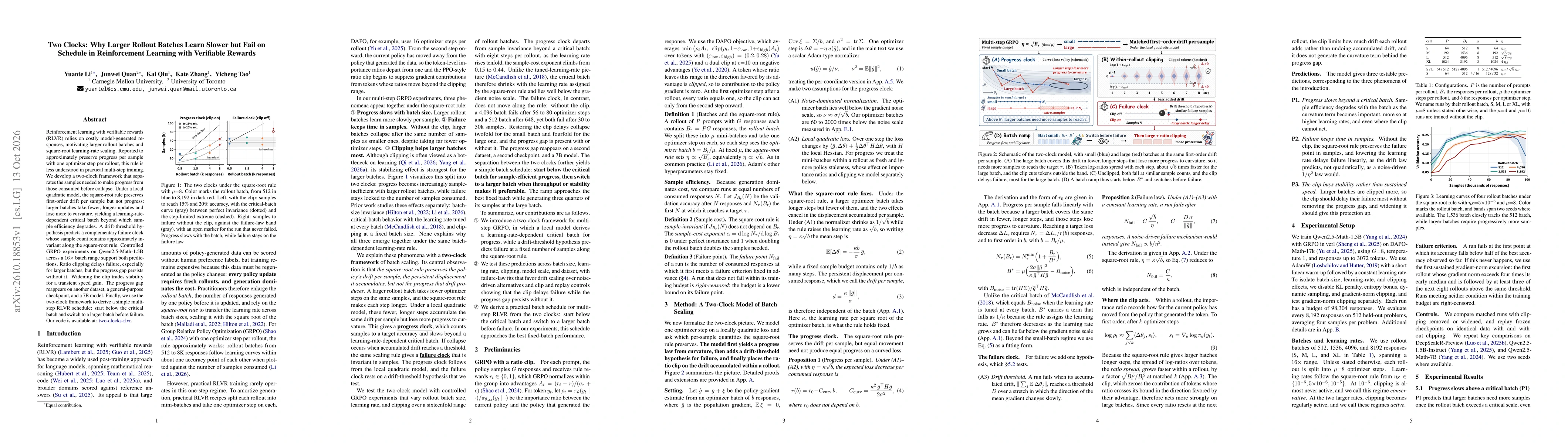 Thumbnail for Two Clocks: Why Larger Rollout Batches Learn Slower but Fail on Schedule in Reinforcement Learning with Verifiable Rewards