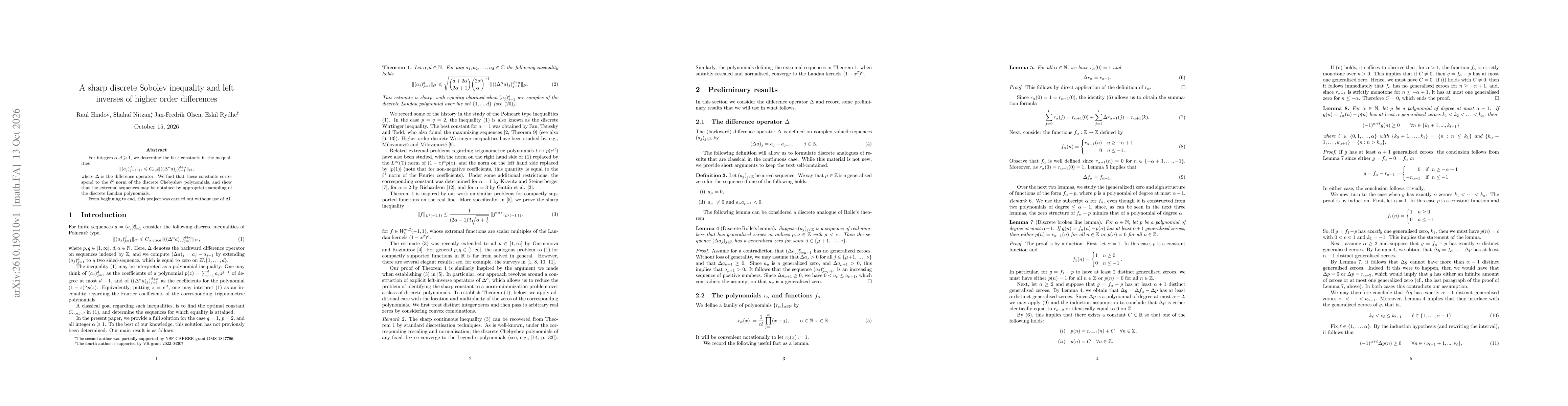 Thumbnail for A sharp discrete Sobolev inequality and left inverses of higher order differences