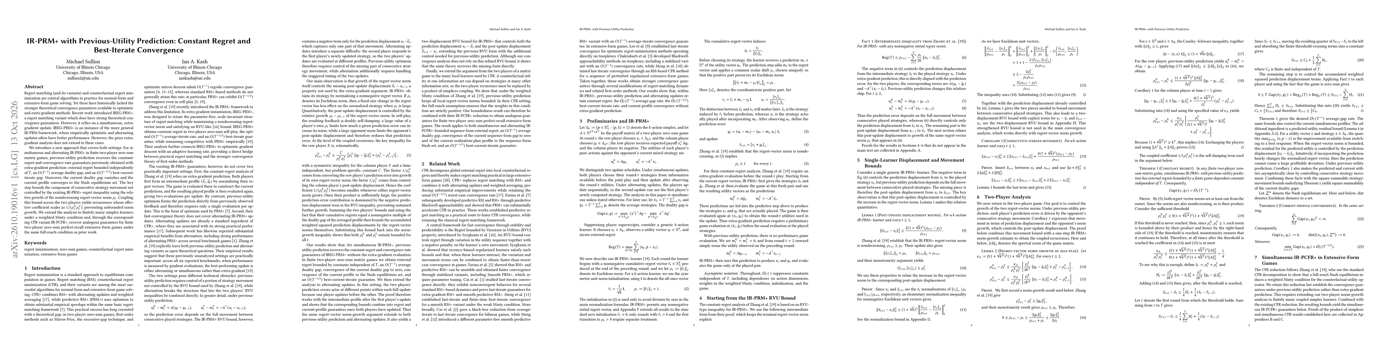 Thumbnail for IR-PRM+ with Previous-Utility Prediction: Constant Regret and Best-Iterate Convergence
