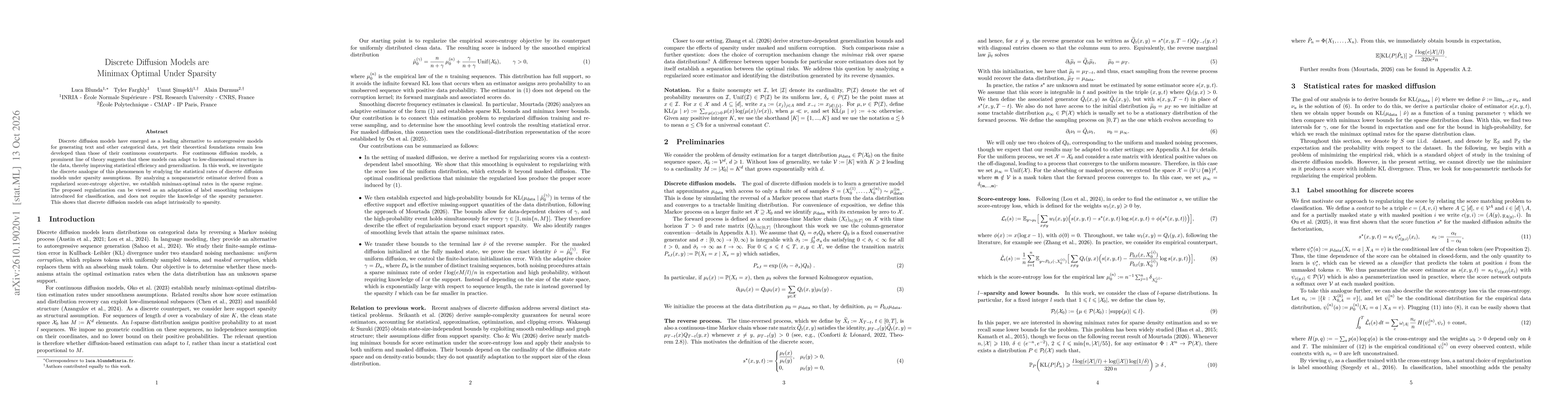 Thumbnail for Discrete Diffusion Models are Minimax Optimal Under Sparsity