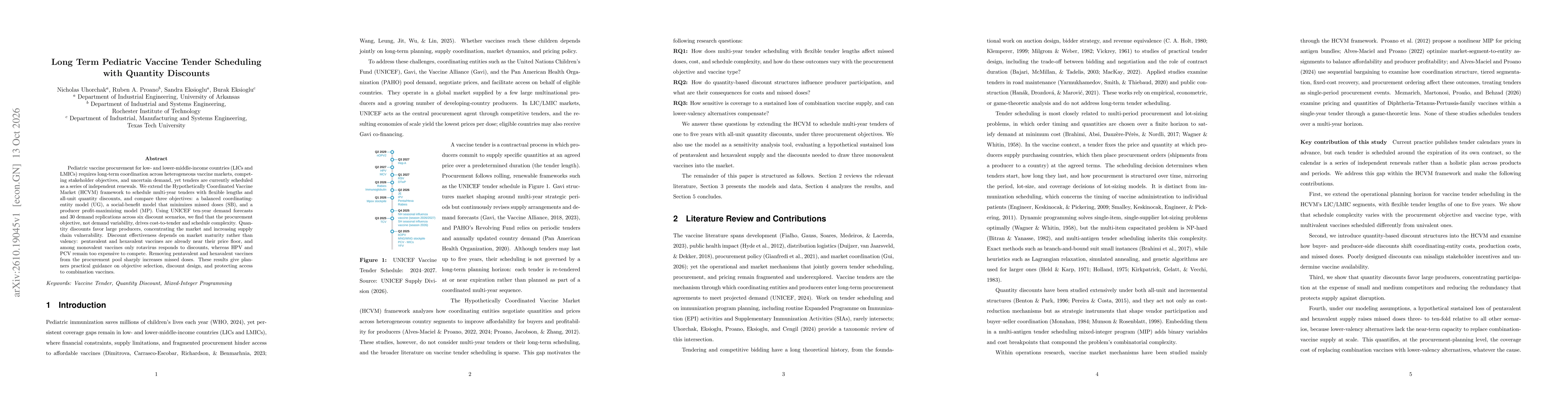 Thumbnail for Long Term Pediatric Vaccine Tender Scheduling with Quantity Discounts