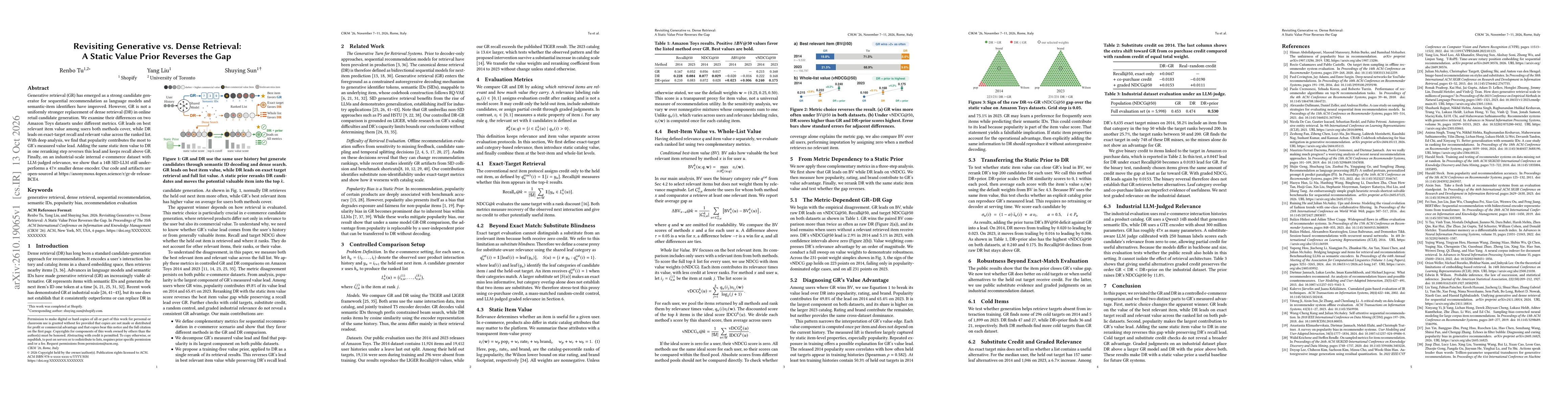 Thumbnail for Revisiting Generative vs. Dense Retrieval: A Static Value Prior Reverses the Gap