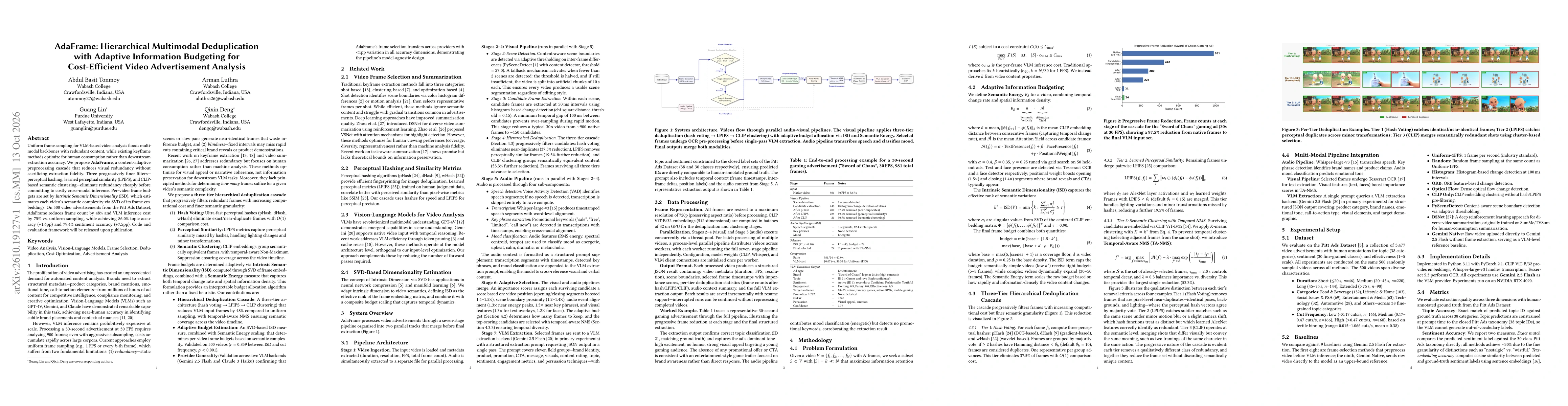 Thumbnail for AdaFrame: Hierarchical Multimodal Deduplication with Adaptive Information Budgeting for Cost-Efficient Video Advertisement Analysis