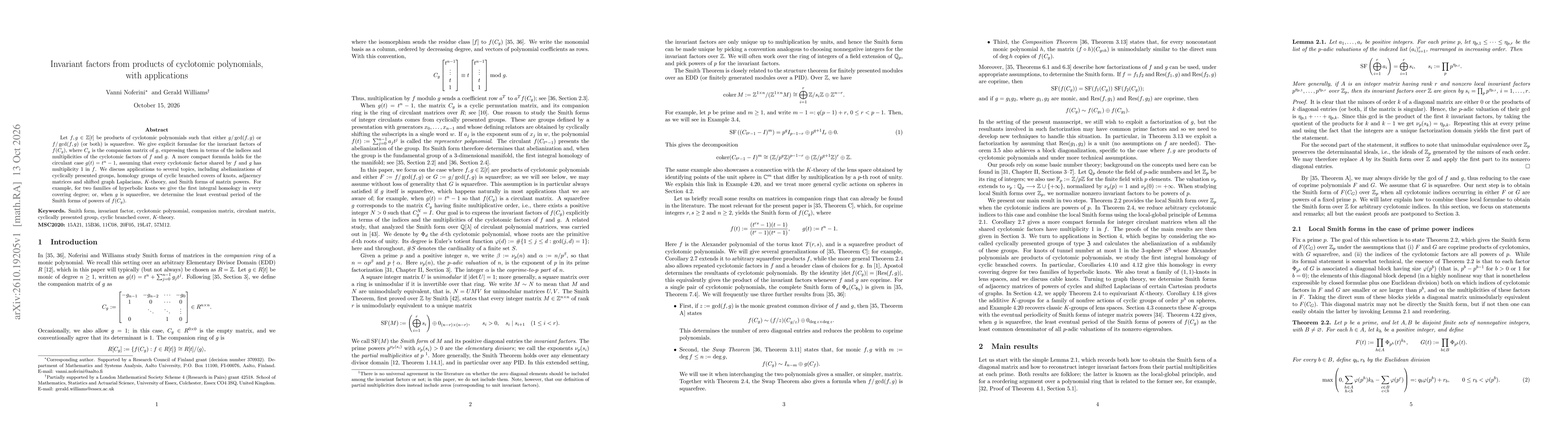 Thumbnail for Invariant factors from products of cyclotomic polynomials, with applications