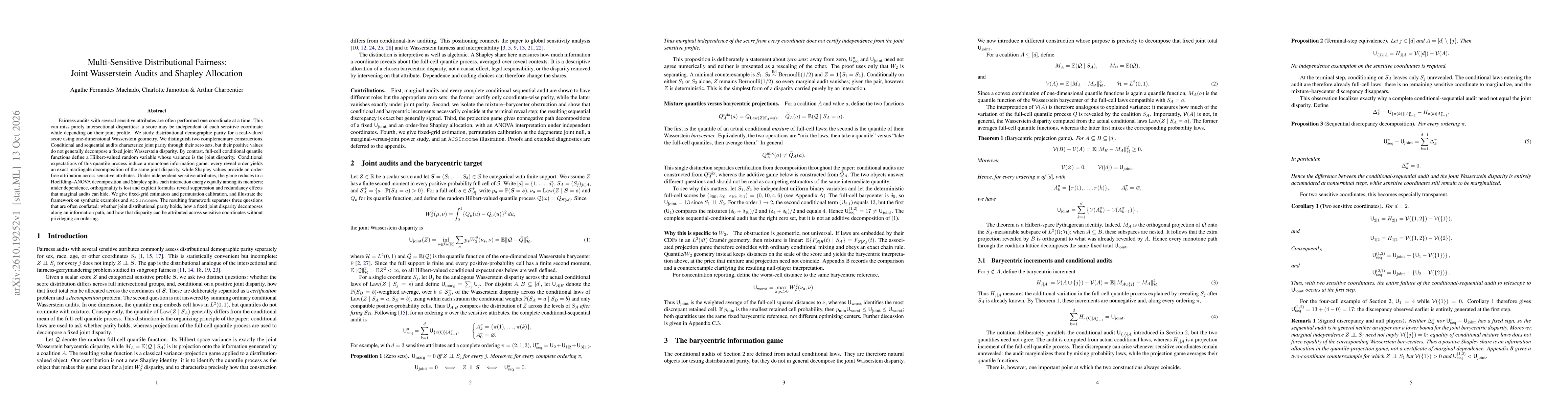 Thumbnail for Multi-Sensitive Distributional Fairness: Joint Wasserstein Audits and Shapley Allocation