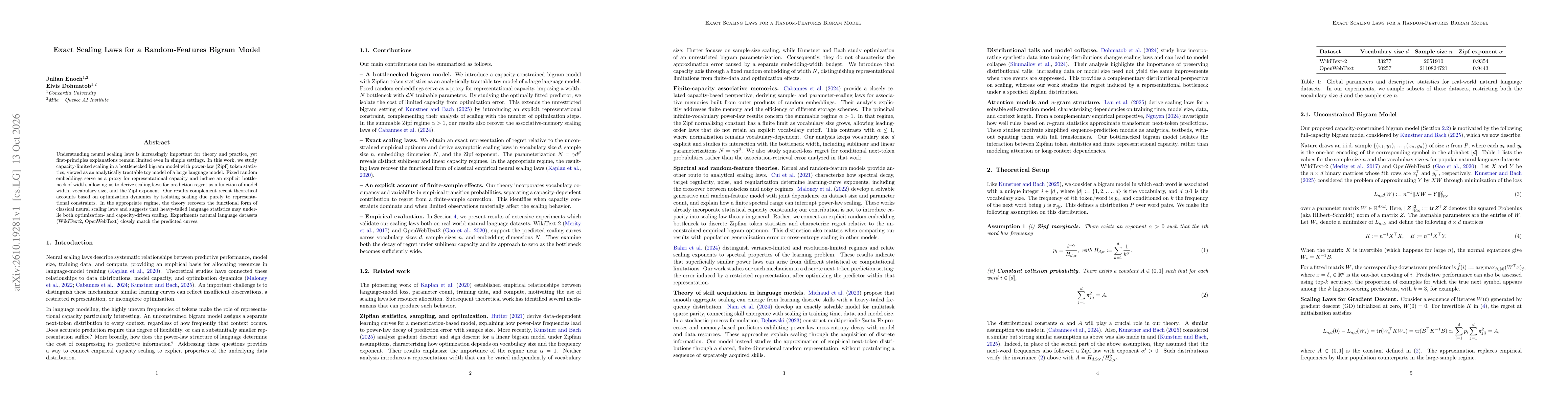 Thumbnail for Exact Scaling Laws for a Random-Features Bigram Model