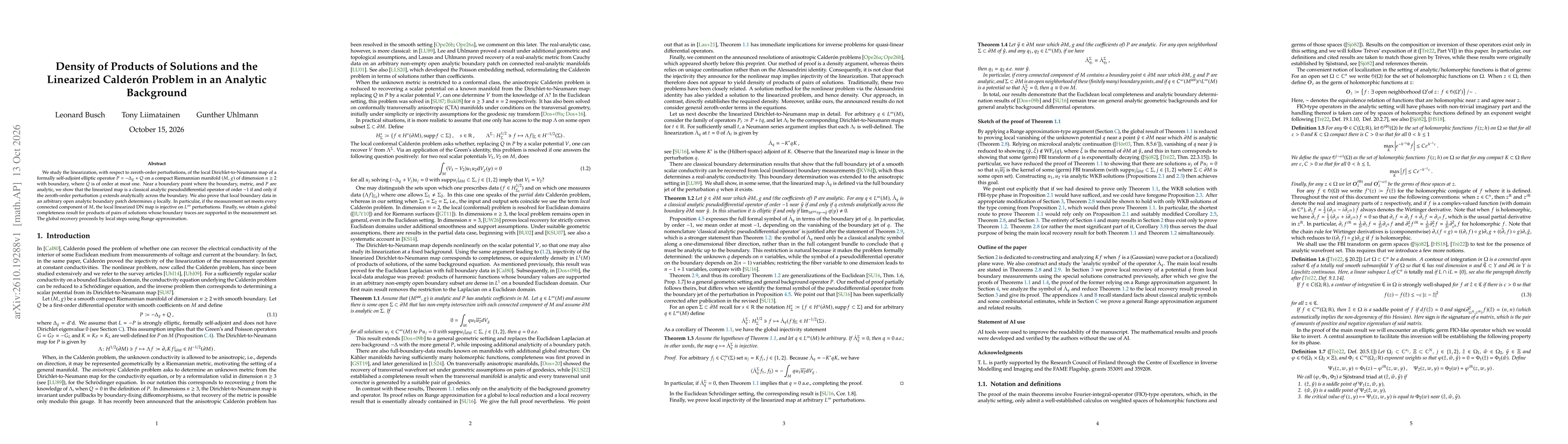 Thumbnail for Density of Products of Solutions and the Linearized Calderón Problem in an Analytic Background