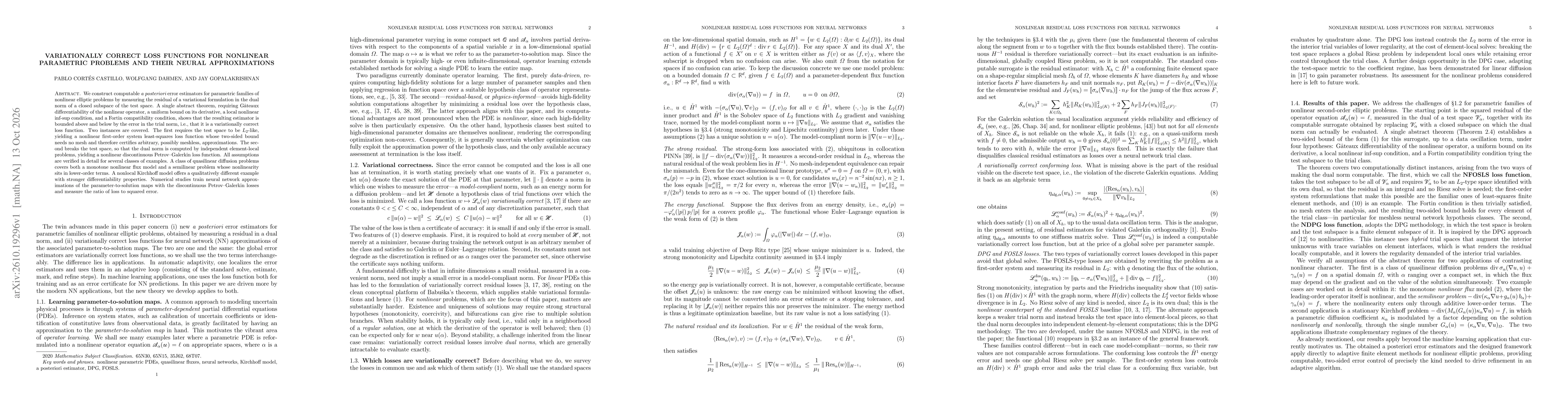 Thumbnail for Variationally correct loss functions for nonlinear parametric problems and their neural approximations