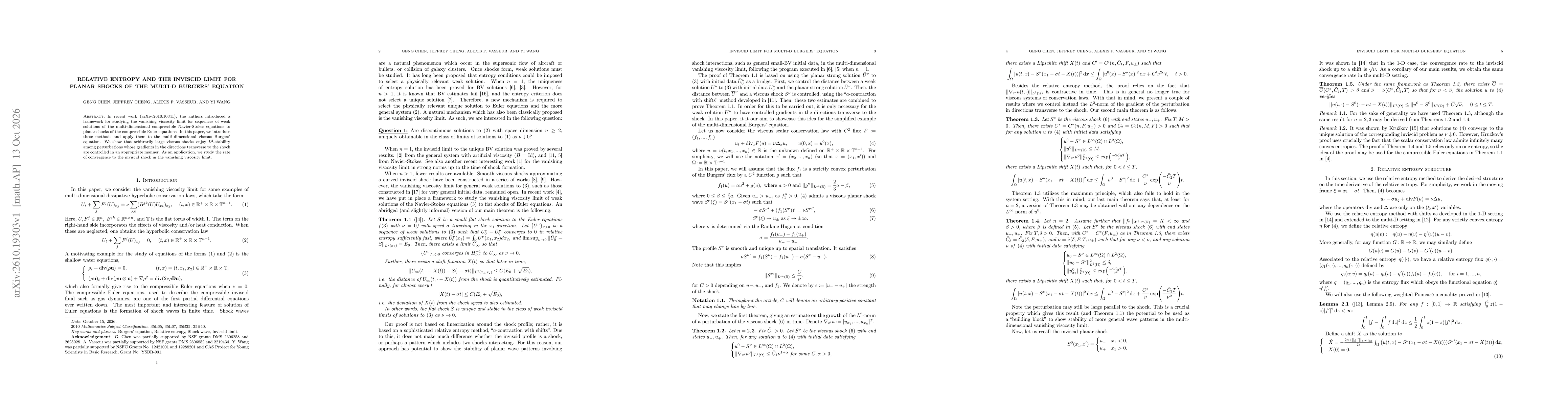 Thumbnail for Relative Entropy and the Inviscid Limit for Planar Shocks of the Multi-D Burgers' Equation