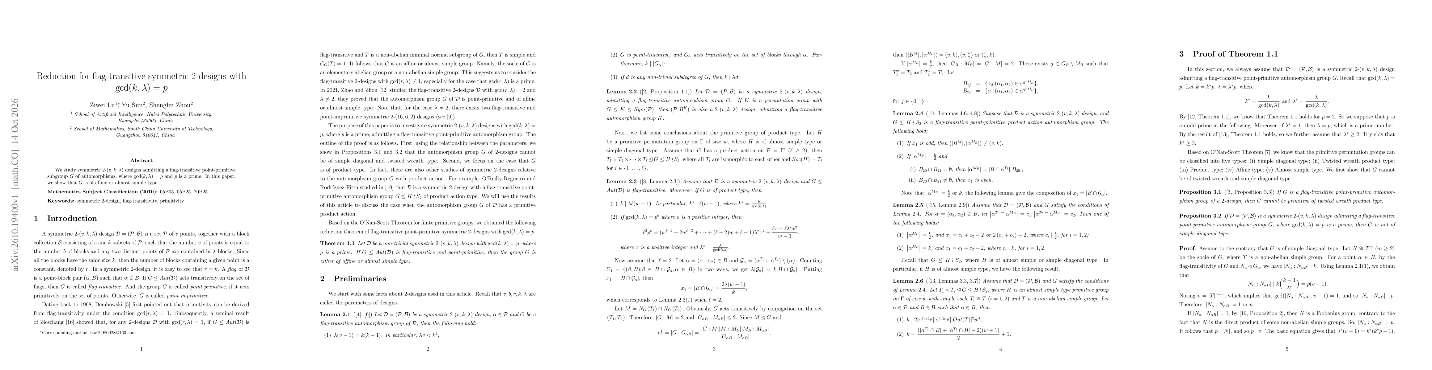 Thumbnail for Reduction for flag-transitive symmetric 2-designs with gcd(k, λ) = p