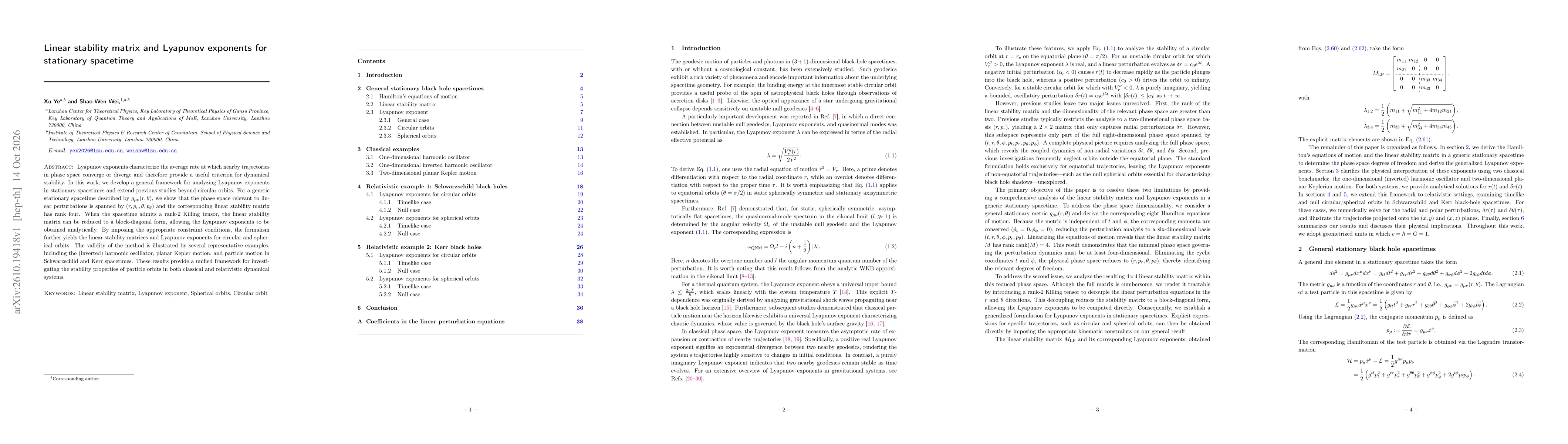 Thumbnail for Linear stability matrix and Lyapunov exponents for stationary spacetime