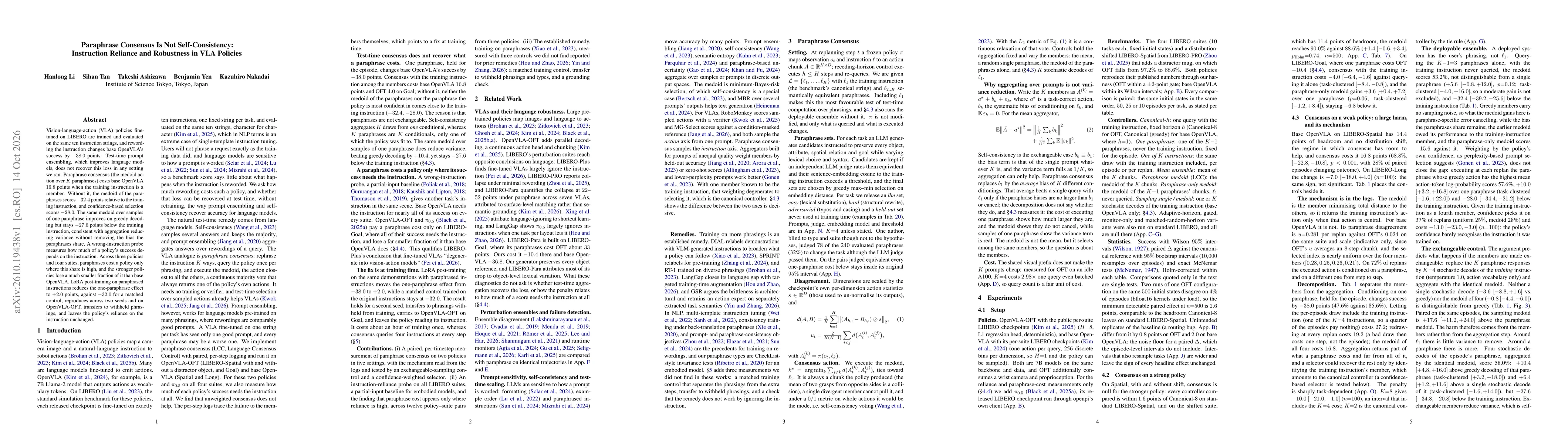 Thumbnail for Paraphrase Consensus Is Not Self-Consistency: Instruction Reliance and Robustness in VLA Policies