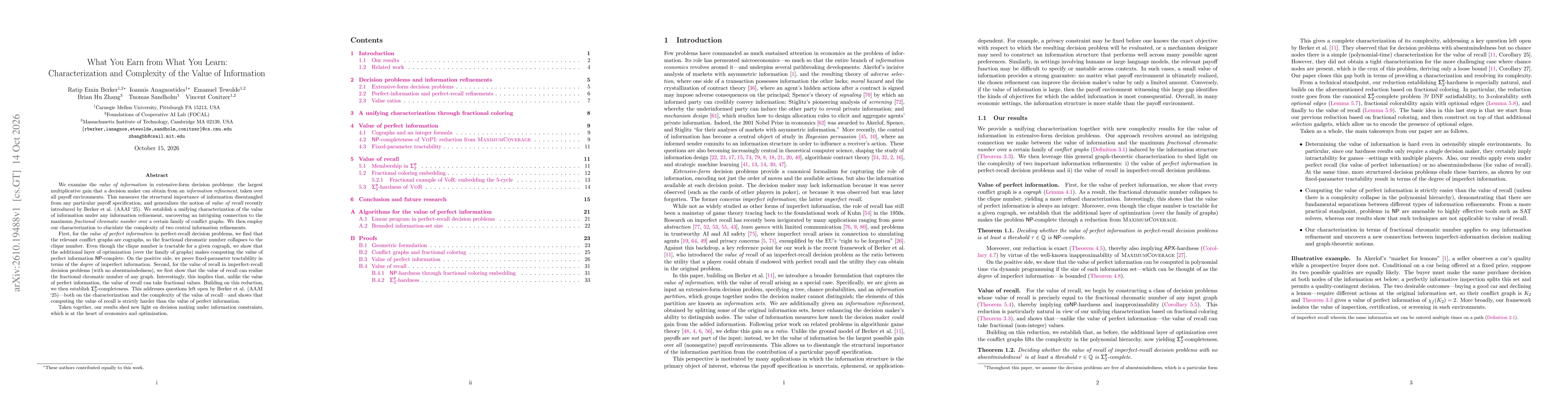 Thumbnail for What You Earn from What You Learn: Characterization and Complexity of the Value of Information