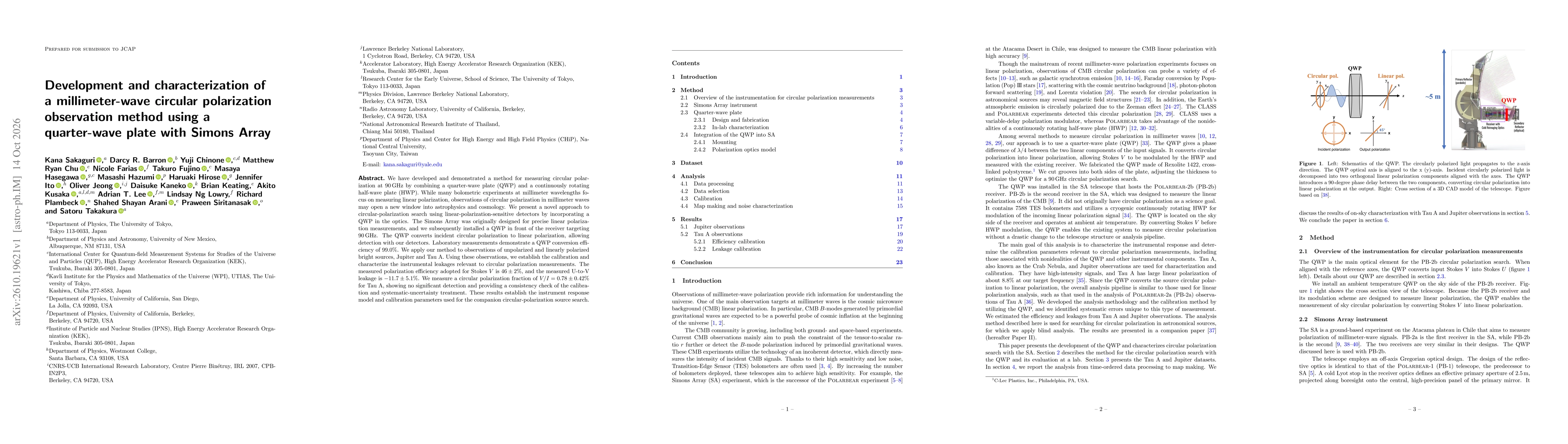 Thumbnail for Development and characterization of a millimeter-wave circular polarization observation method using a quarter-wave plate with Simons Array