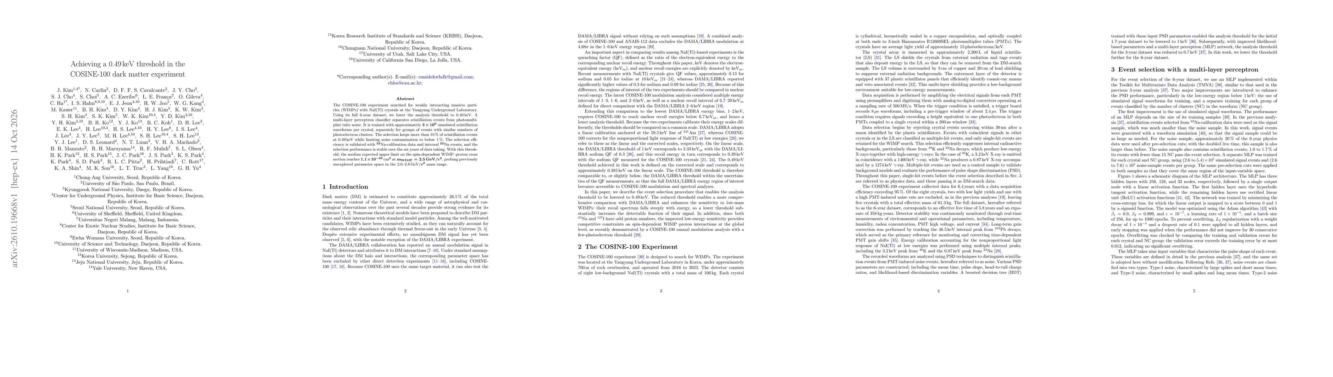 Thumbnail for Achieving a 0.49 keV threshold in the COSINE-100 dark matter experiment