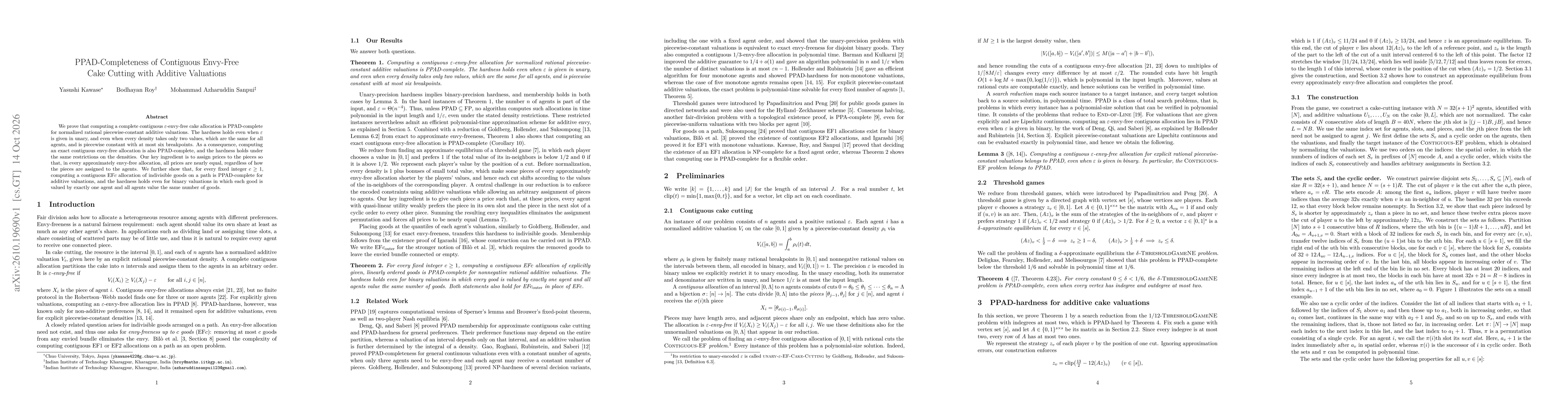 Thumbnail for PPAD-Completeness of Contiguous Envy-Free Cake Cutting with Additive Valuations