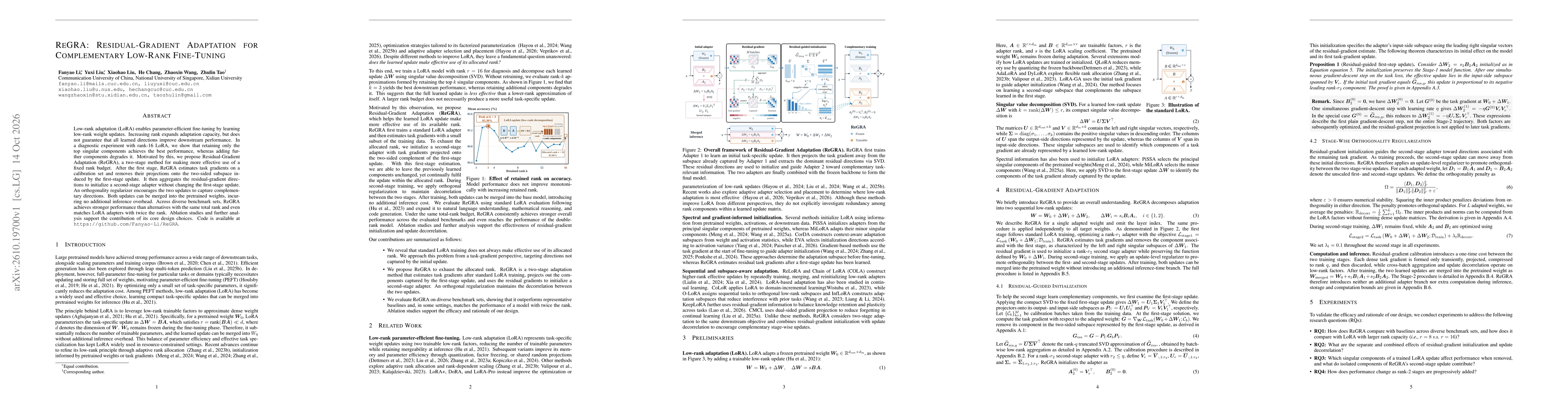 Thumbnail for ReGRA: Residual-Gradient Adaptation for Complementary Low-Rank Fine-Tuning