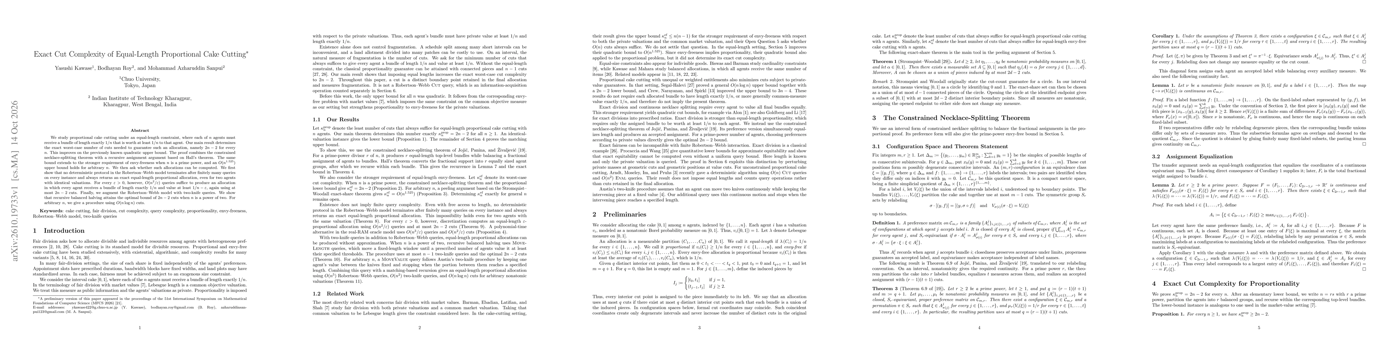 Thumbnail for Exact Cut Complexity of Equal-Length Proportional Cake Cutting