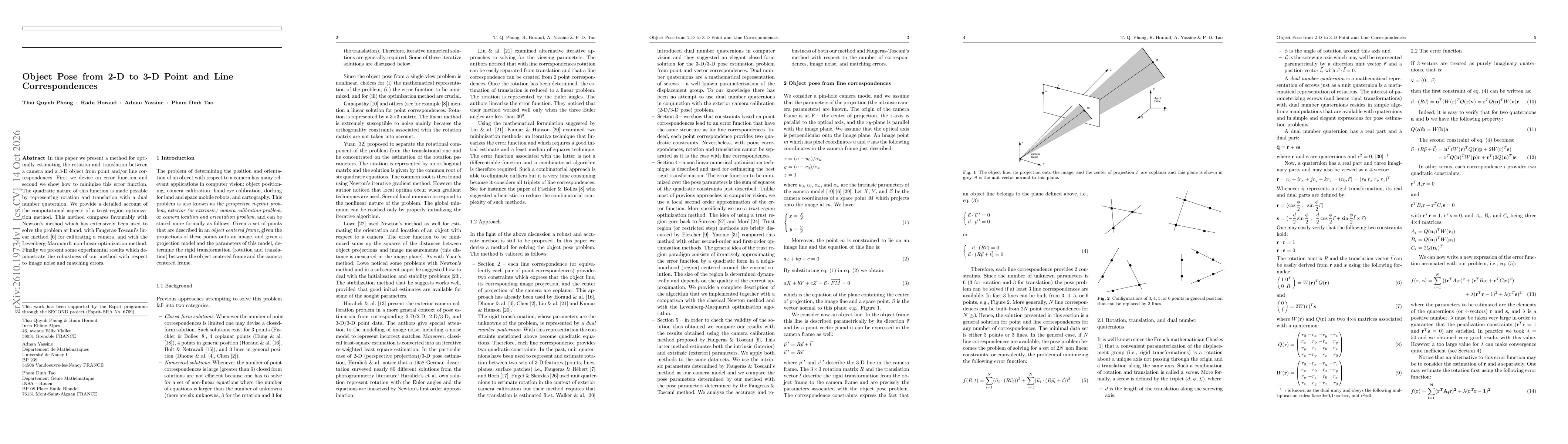 Thumbnail for Object Pose from 2-D to 3-D Point and Line Correspondences