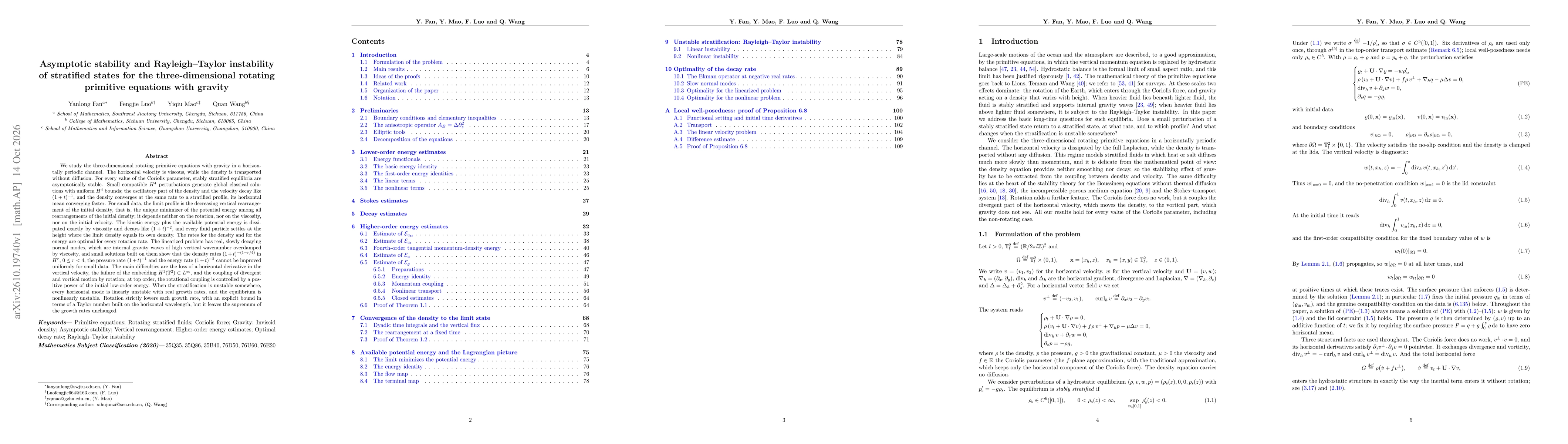 Thumbnail for Asymptotic stability and Rayleigh-Taylor instability of stratified states for the three-dimensional rotating primitive equations with gravity