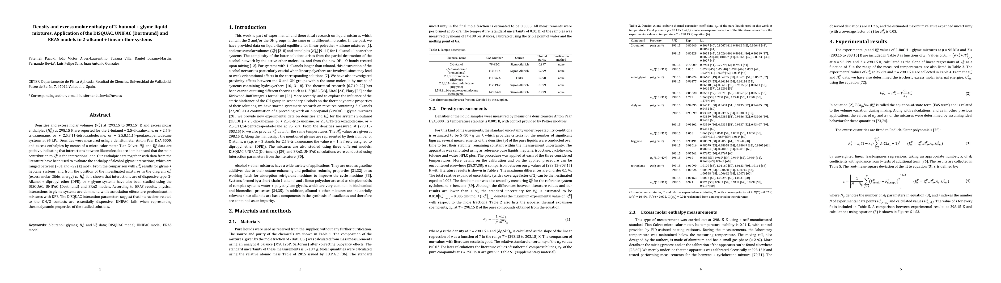 Thumbnail for Density and excess molar enthalpy of 2-butanol + glyme liquid mixtures. Application of the DISQUAC, UNIFAC (Dortmund) and ERAS models to 2-alkanol + linear ether systems