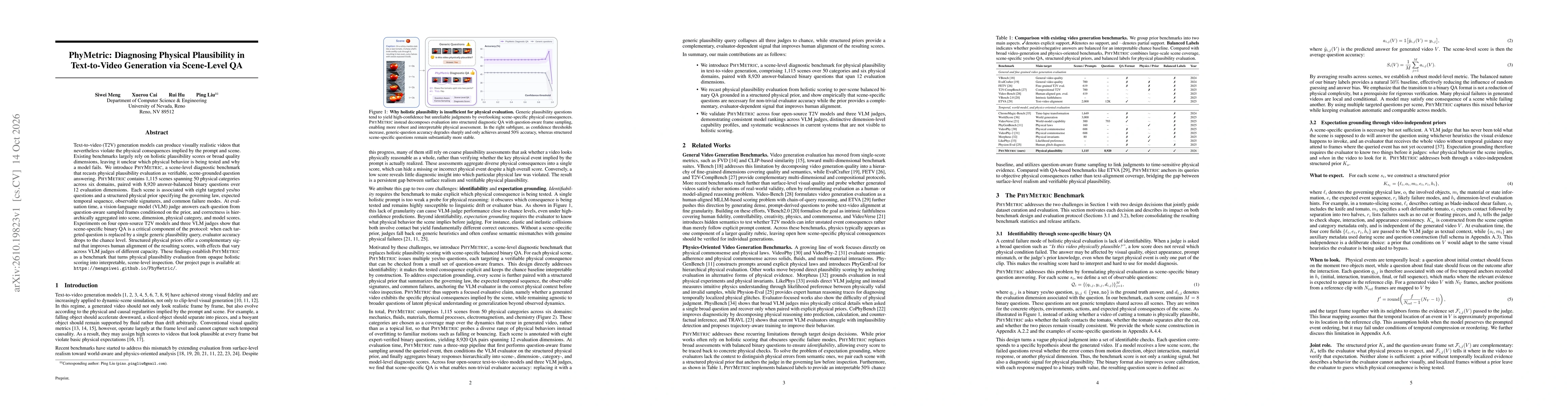 Thumbnail for PhyMetric: Diagnosing Physical Plausibility in Text-to-Video Generation via Scene-Level QA