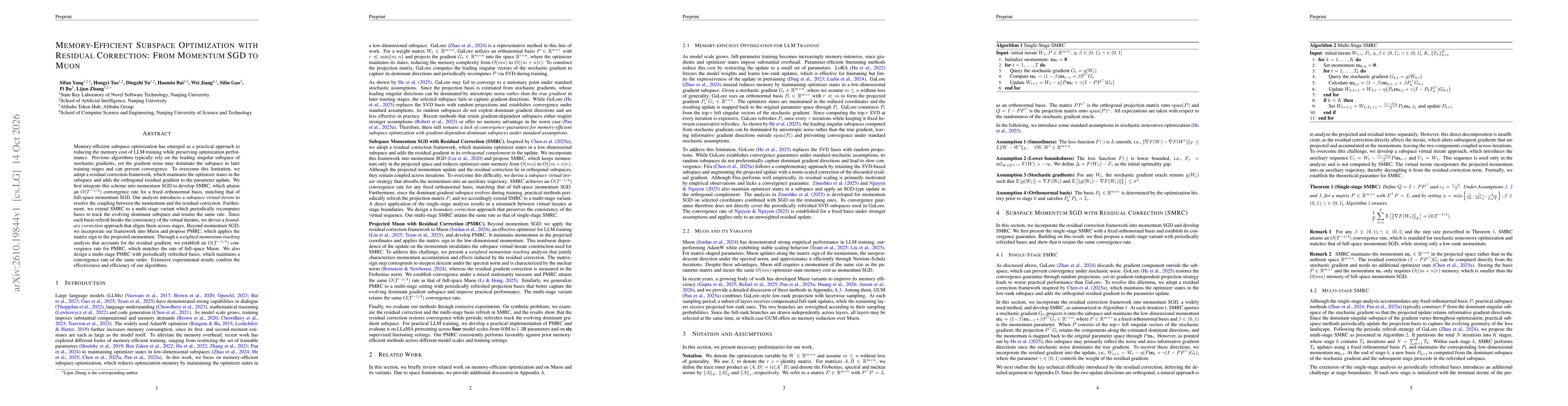Thumbnail for Memory-Efficient Subspace Optimization with Residual Correction: From Momentum SGD to Muon