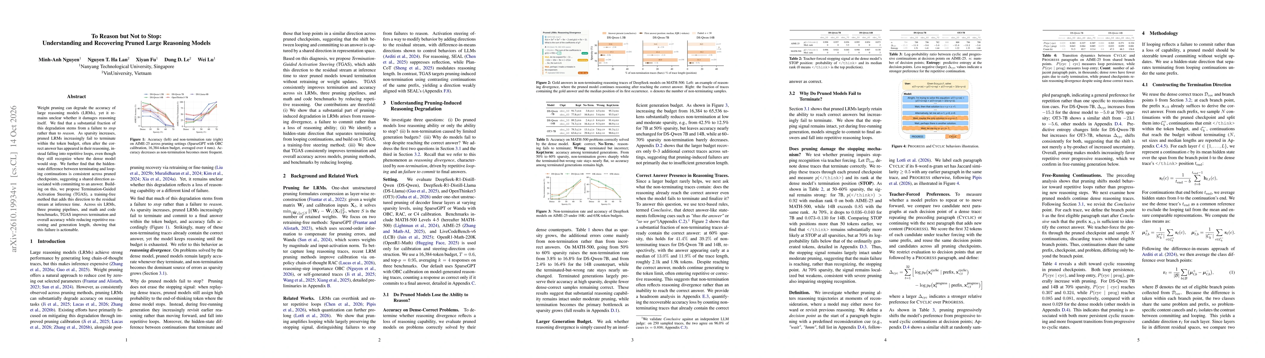 Thumbnail for To Reason but Not to Stop: Understanding and Recovering Pruned Large Reasoning Models