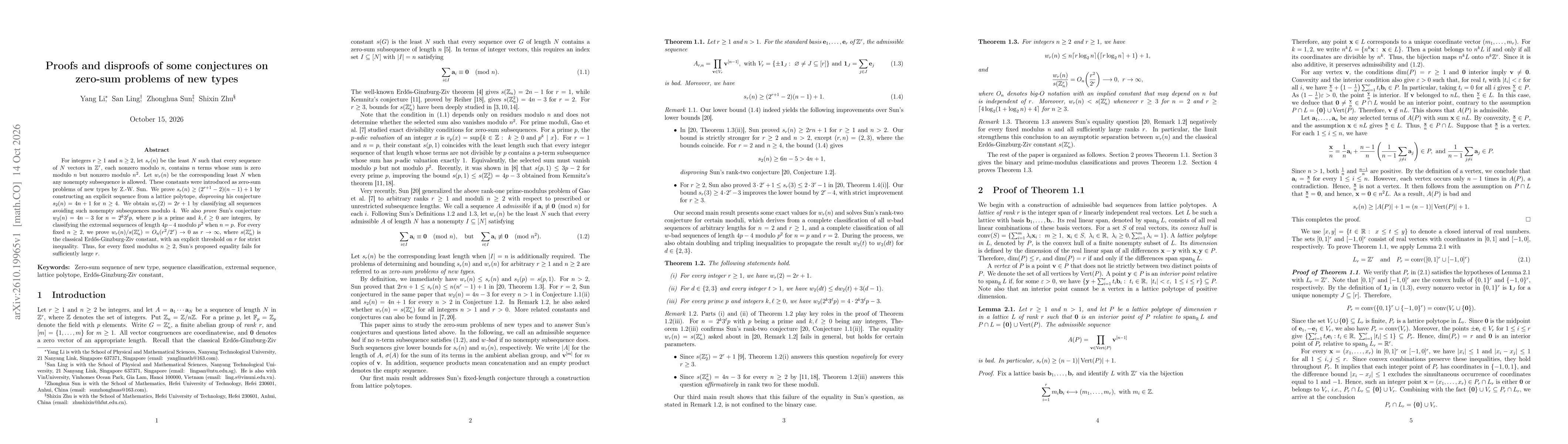Thumbnail for Proofs and disproofs of some conjectures on zero-sum problems of new types